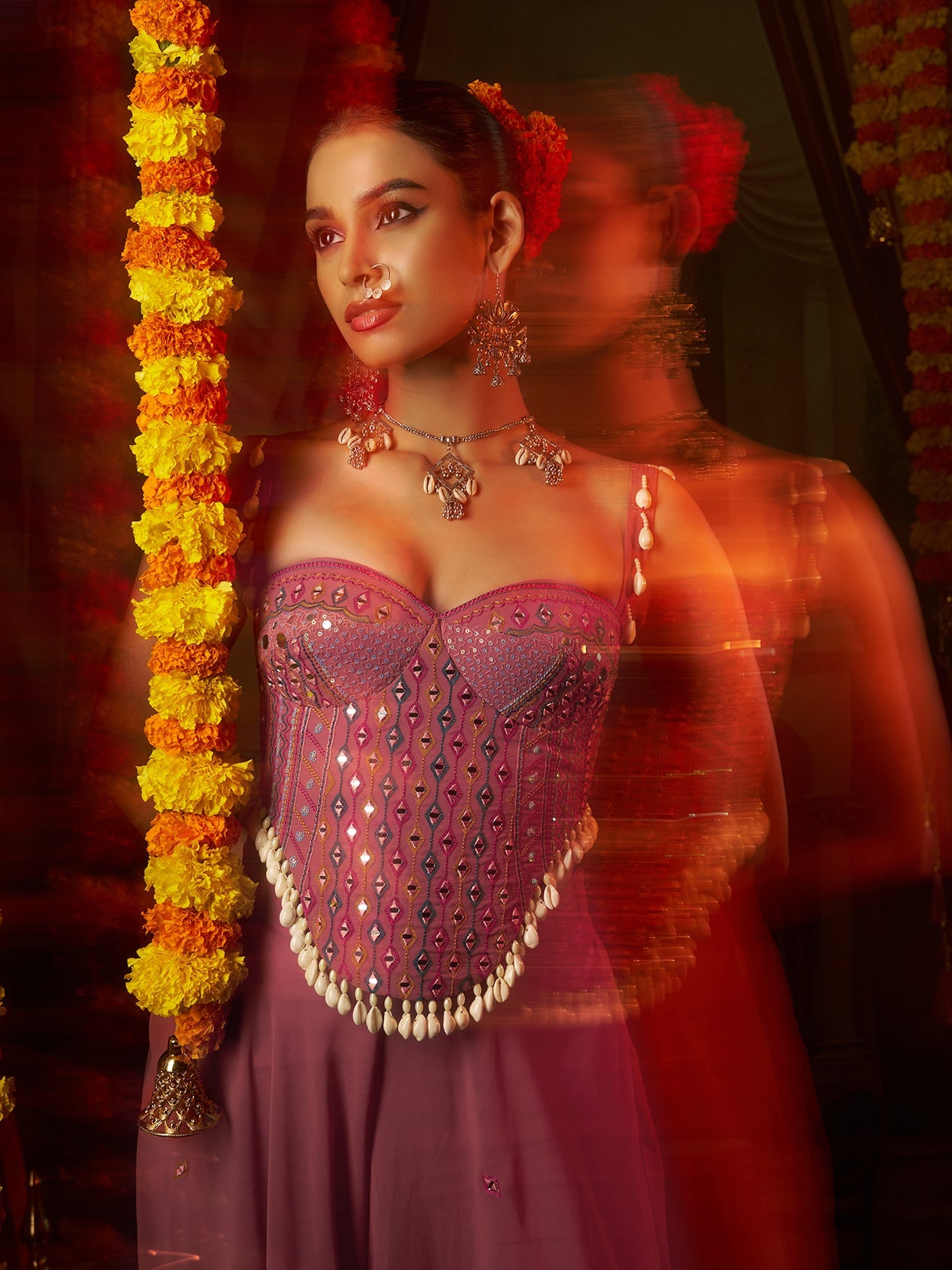 Pink Georgette Designer Festive Set with Mirror and Shell Handwork