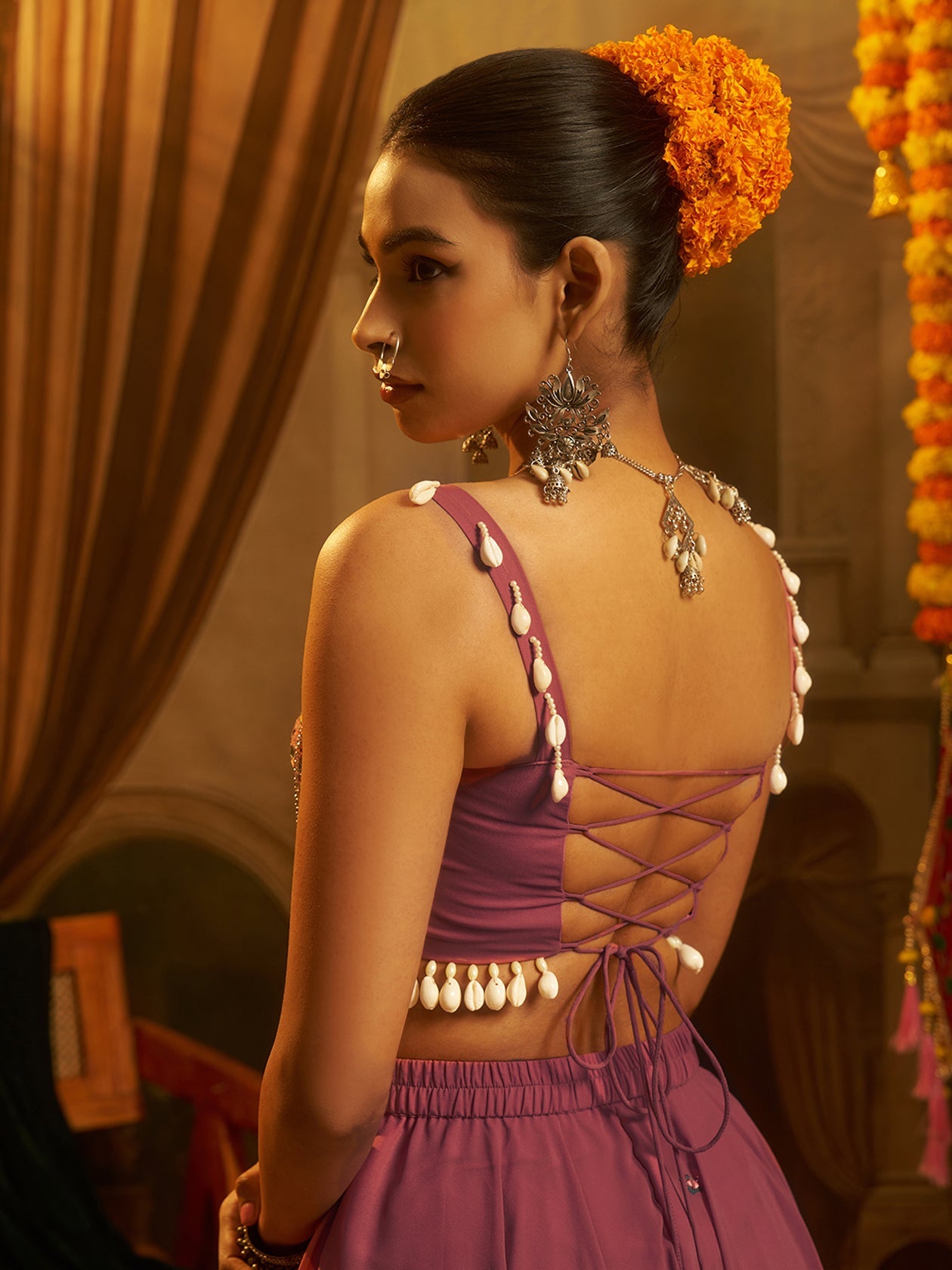 Pink Georgette Designer Festive Set with Mirror and Shell Handwork