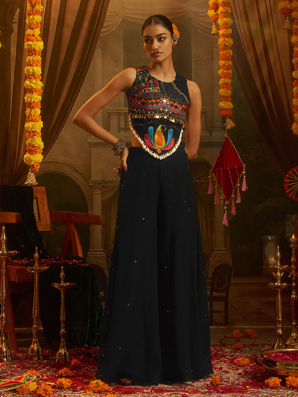 Black Georgette Designer Festive Set with Thread, Mirror and Shell Handwork - Image 2
