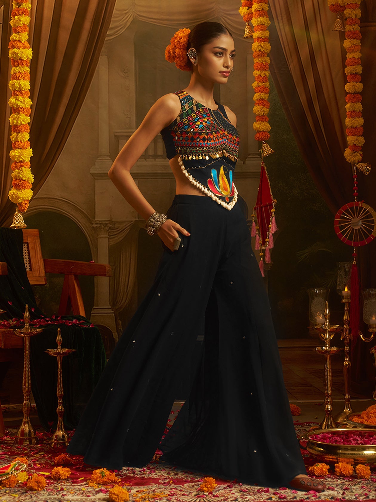 Black Georgette Designer Festive Set with Thread, Mirror and Shell Handwork