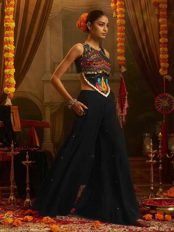 Black Georgette Designer Festive Set with Thread, Mirror and Shell Handwork - Image 1