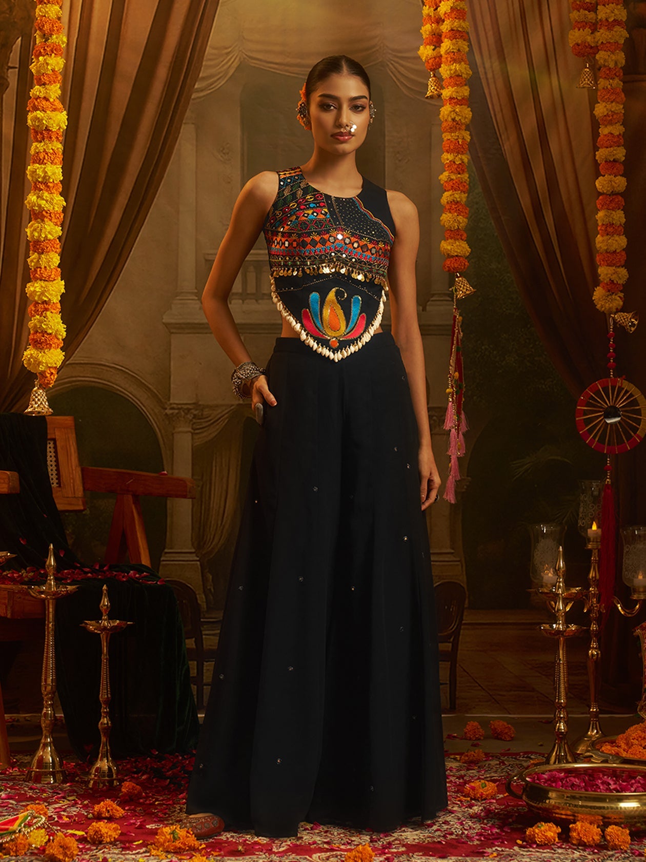 Black Georgette Designer Festive Set with Thread, Mirror and Shell Handwork