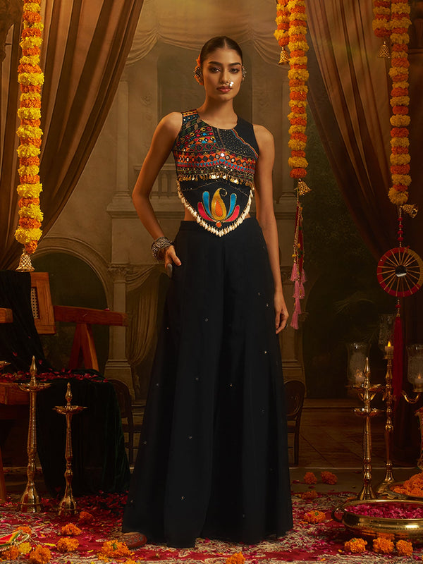 Black Georgette Designer Festive Set with Thread, Mirror and Shell Handwork - Image 3