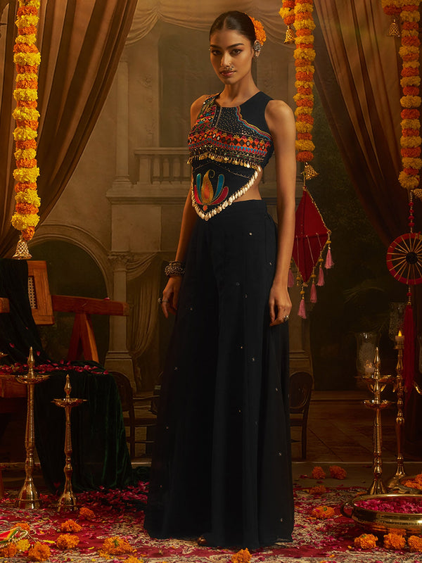 Black Georgette Designer Festive Set with Thread, Mirror and Shell Handwork - Image 4