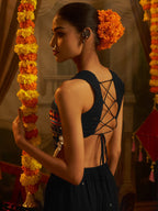 Black Georgette Designer Festive Set with Thread, Mirror and Shell Handwork