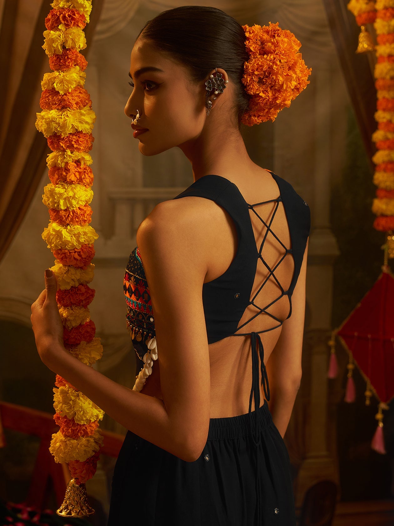 Black Georgette Designer Festive Set with Thread, Mirror and Shell Handwork