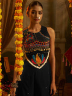 Black Georgette Designer Festive Set with Thread, Mirror and Shell Handwork