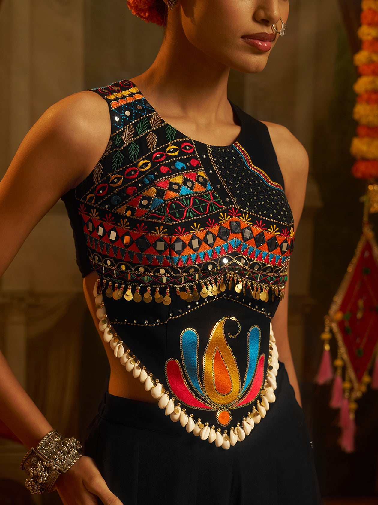 Black Georgette Designer Festive Set with Thread, Mirror and Shell Handwork