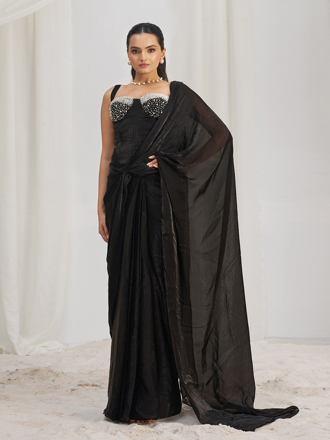 Midnight Noir Designer Black Organza Saree with Embellished Blouse