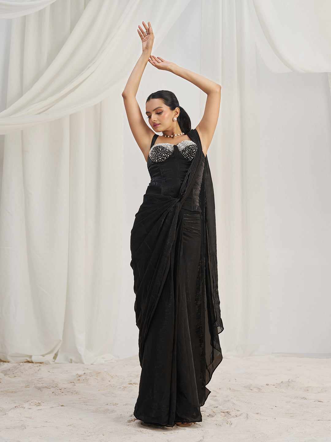 Midnight Noir Designer Black Organza Saree with Embellished Blouse