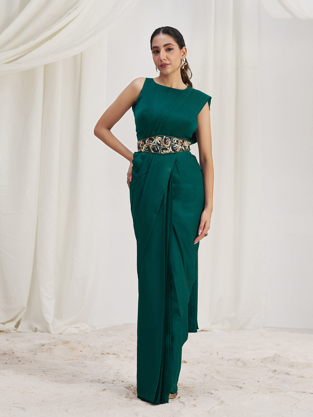 Teal Green Royale Luxe Organza Saree with Signature Embellished Belt