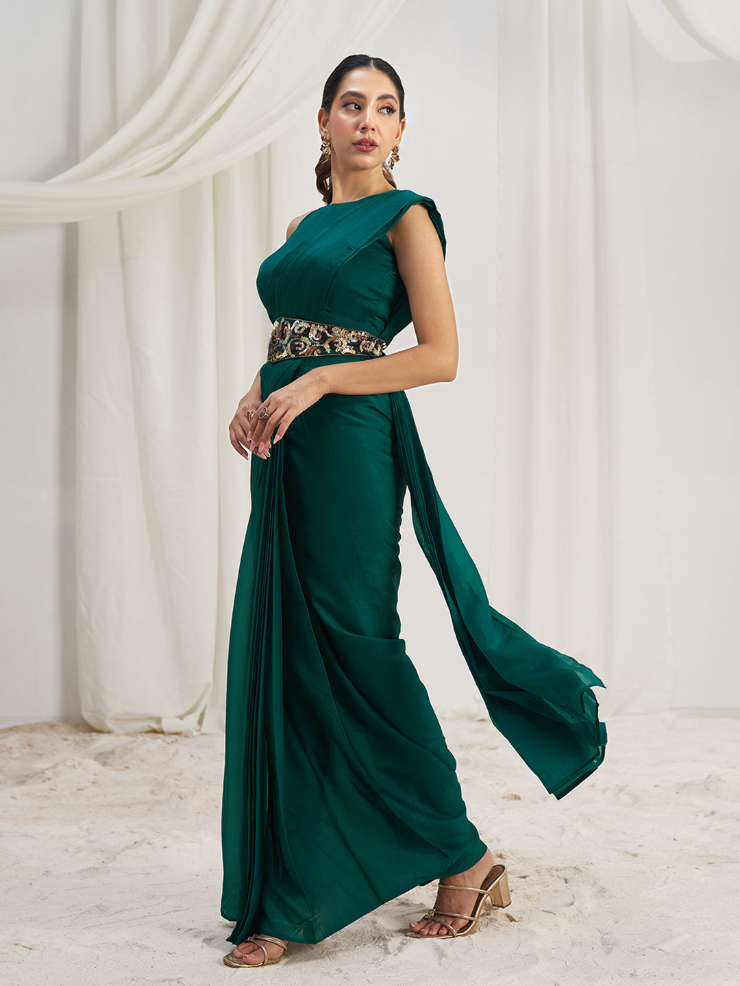 Teal Green Royale Luxe Organza Saree with Signature Embellished Belt