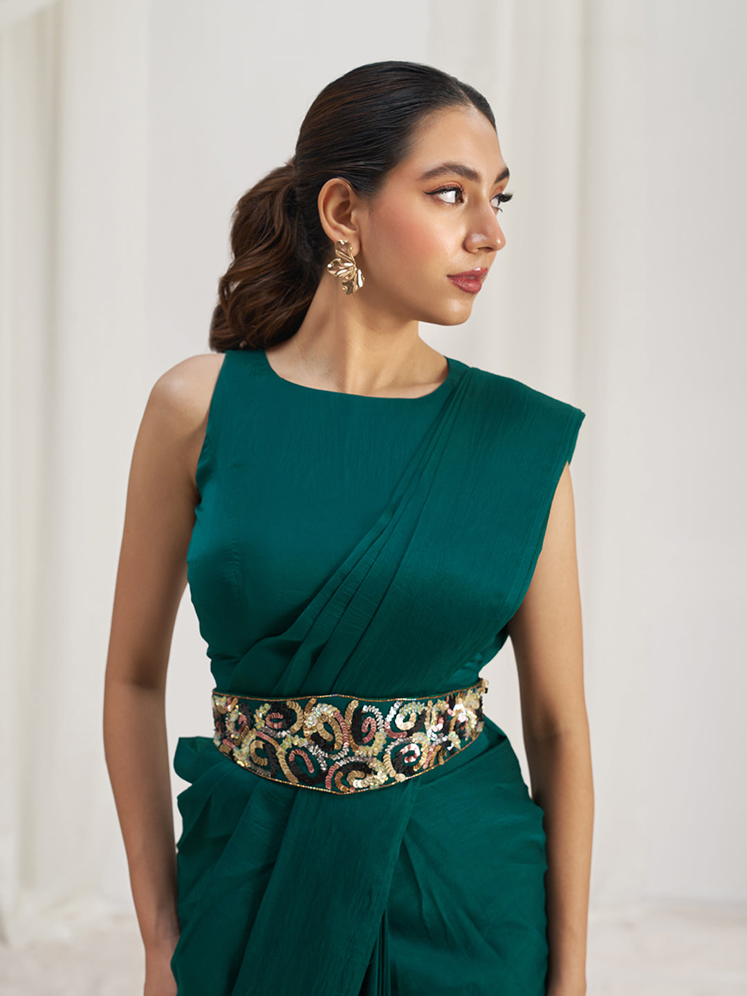 Teal Green Royale Luxe Organza Saree with Signature Embellished Belt