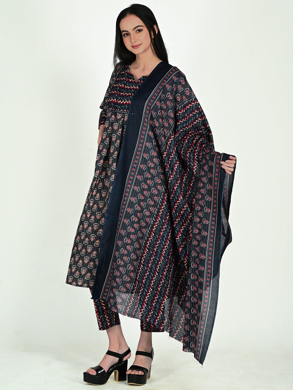 Navy Blue & Wine Cotton Blend Floral Block Printed Kurta & Pant With Dupatta - 5 sizes
