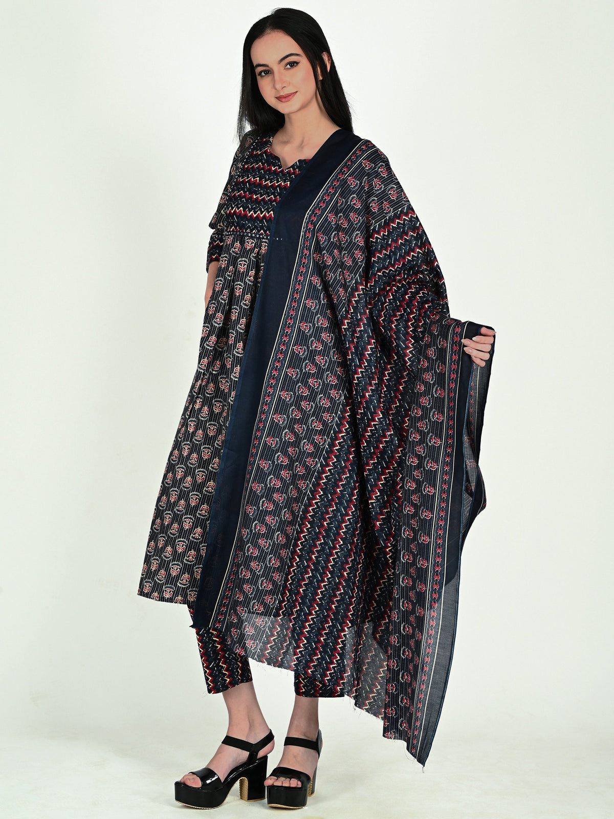 Navy Blue & Wine Cotton Blend Floral Block Printed Kurta & Pant With Dupatta - 5 sizes