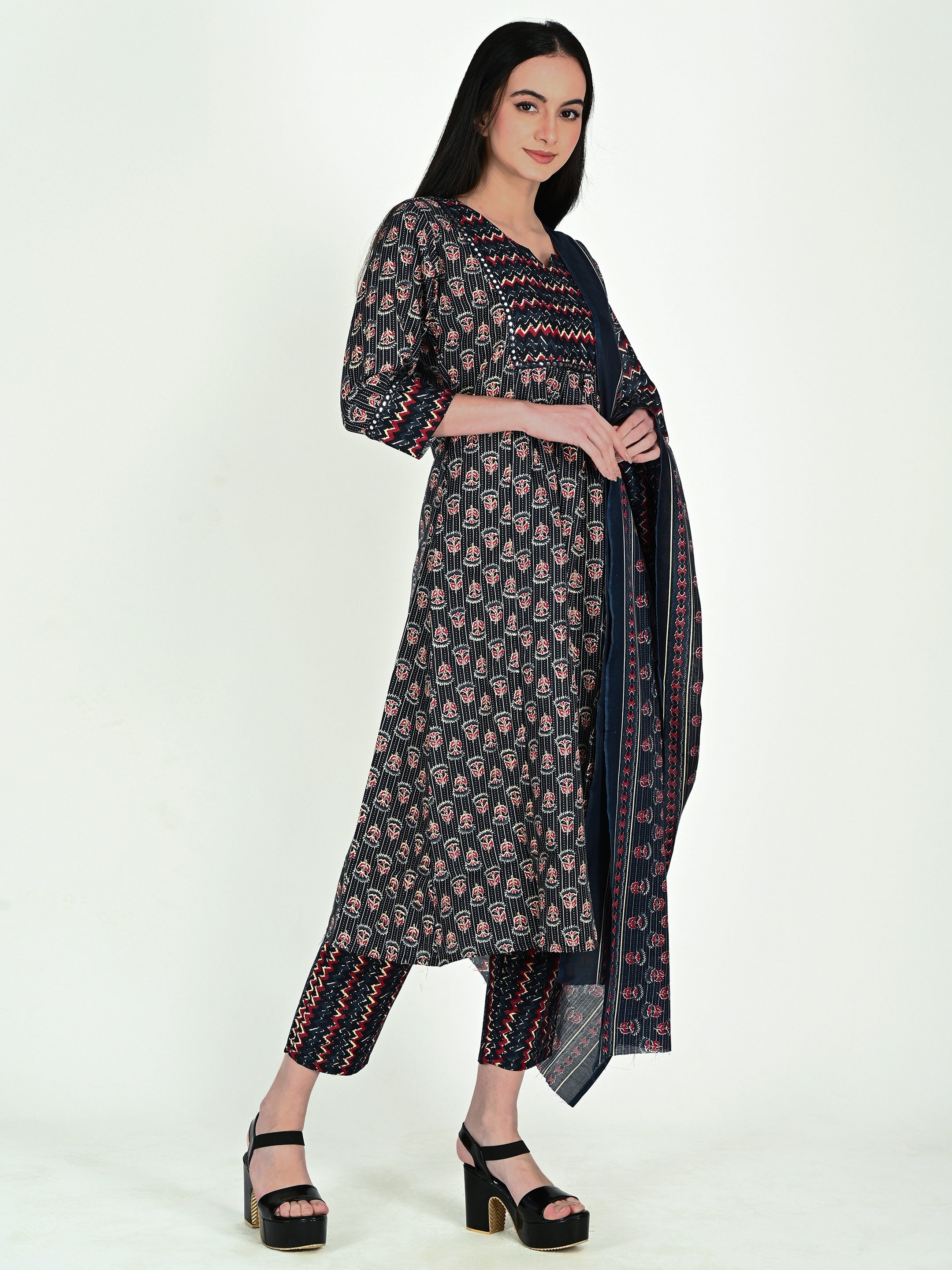 Navy Blue & Wine Cotton Blend Floral Block Printed Kurta & Pant With Dupatta - 5 sizes