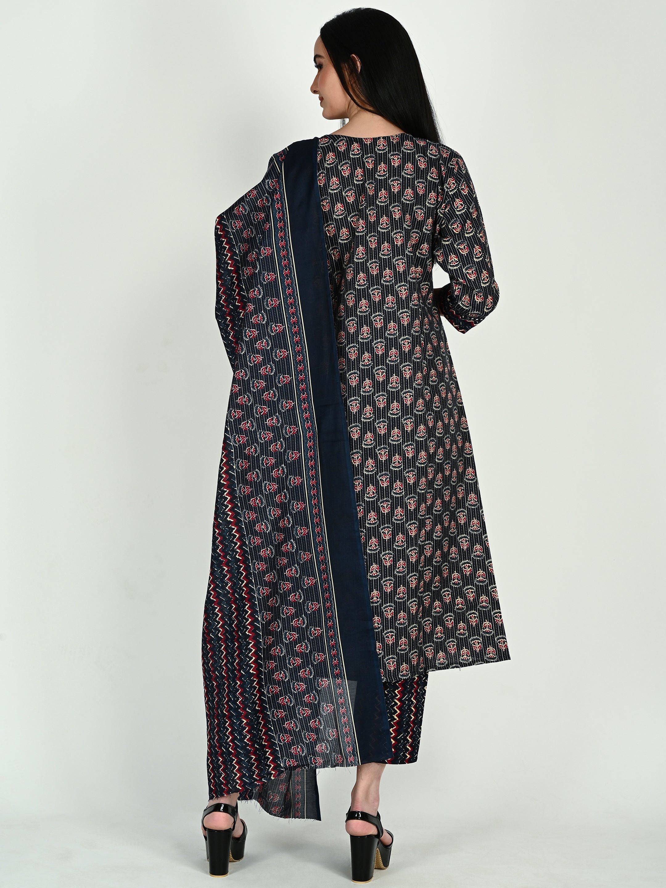 Navy Blue & Wine Cotton Blend Floral Block Printed Kurta & Pant With Dupatta - 5 sizes
