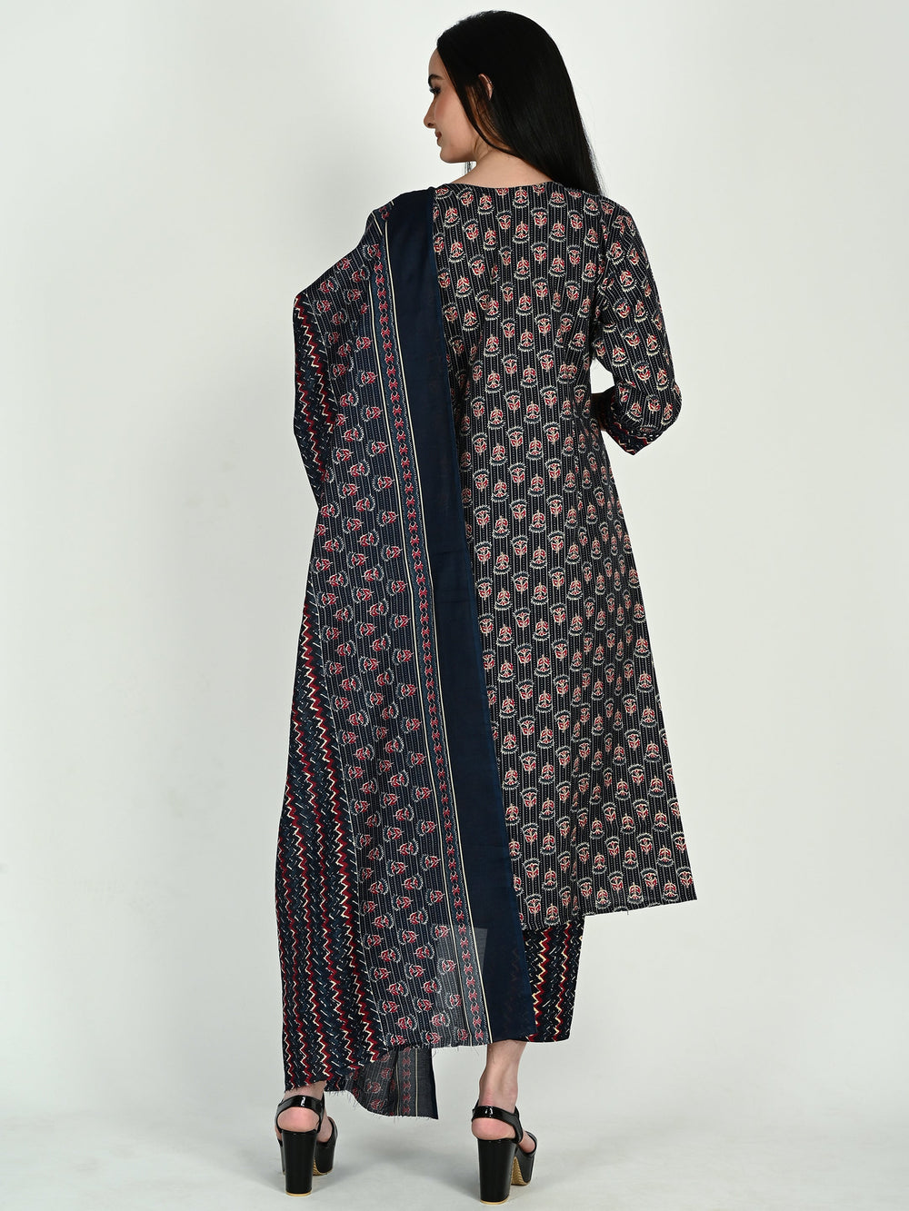 Navy Blue & Wine Cotton Blend Floral Block Printed Kurta & Pant With Dupatta - 5 sizes
