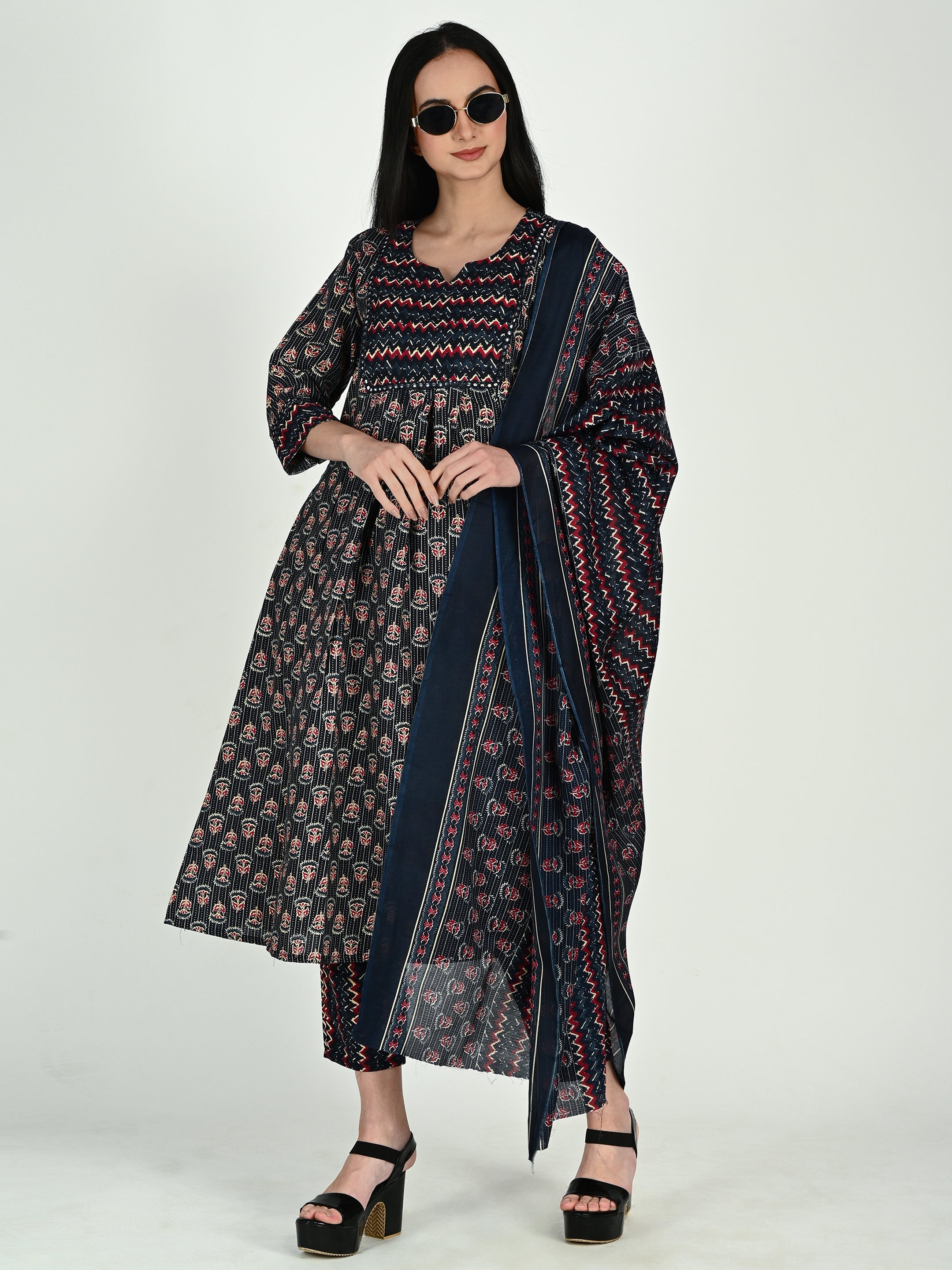 Navy Blue & Wine Cotton Blend Floral Block Printed Kurta & Pant With Dupatta - 5 sizes