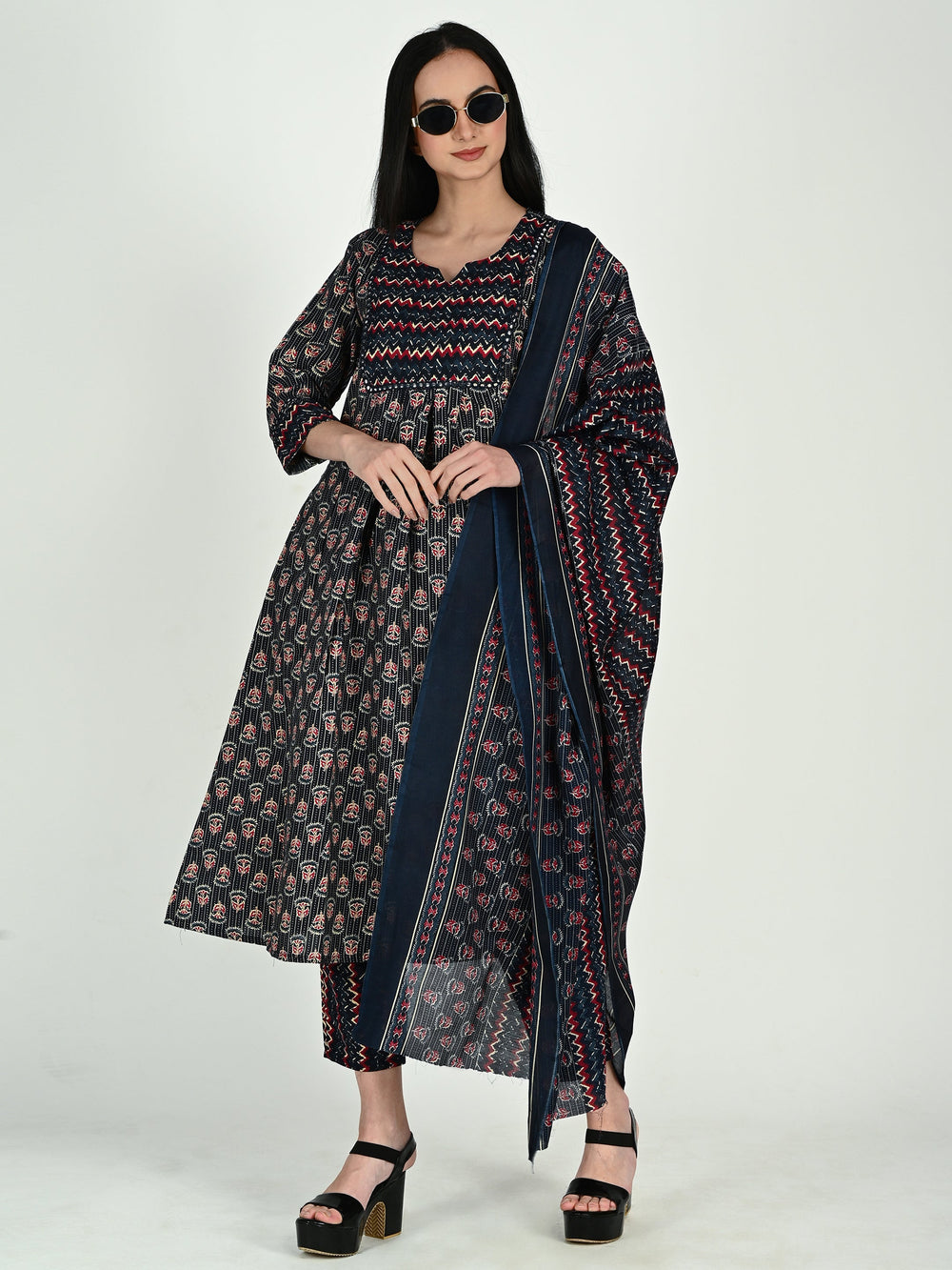 Navy Blue & Wine Cotton Blend Floral Block Printed Kurta & Pant With Dupatta - 5 sizes