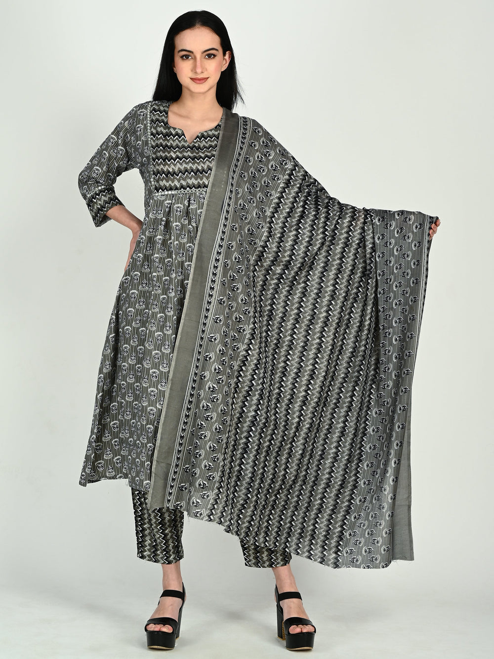 Grey & Black Cotton Blend Floral Block Printed Kurta & Pant With Dupatta - 5 sizes
