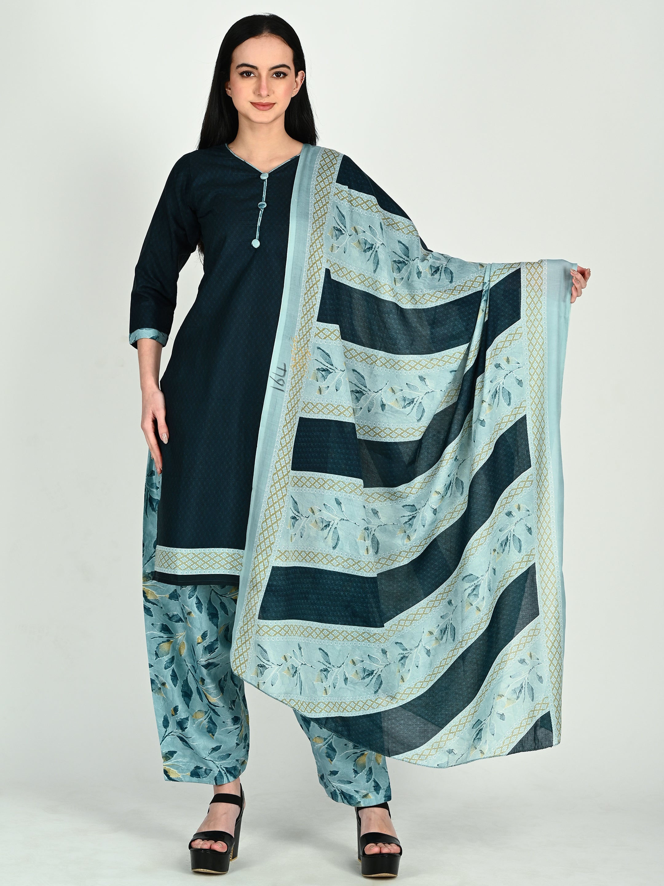 Teal Cotton Blend Printed Ready to Wear Patiala Salwar Suit - 7 sizes