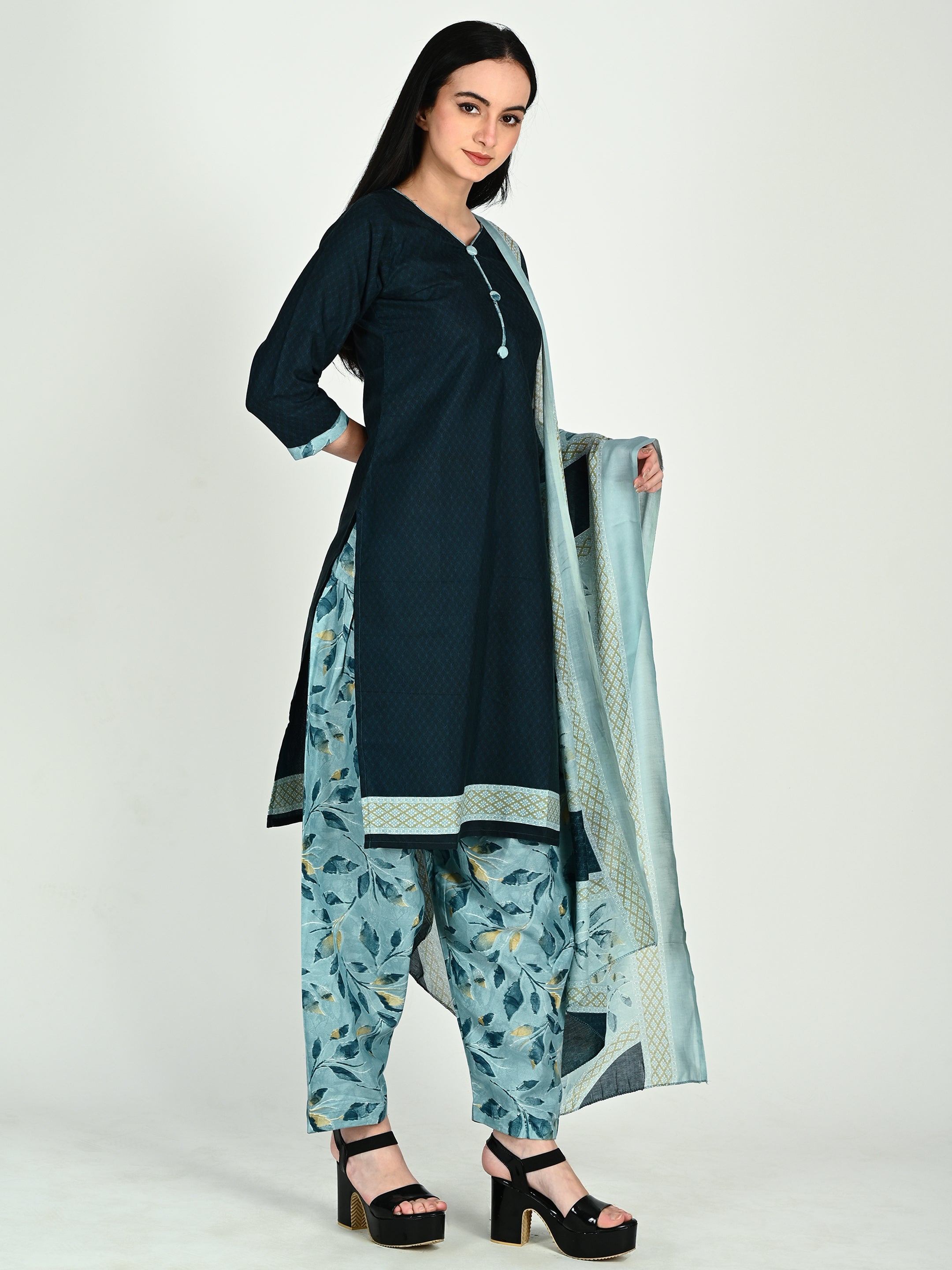Teal Cotton Blend Printed Ready to Wear Patiala Salwar Suit - 7 sizes