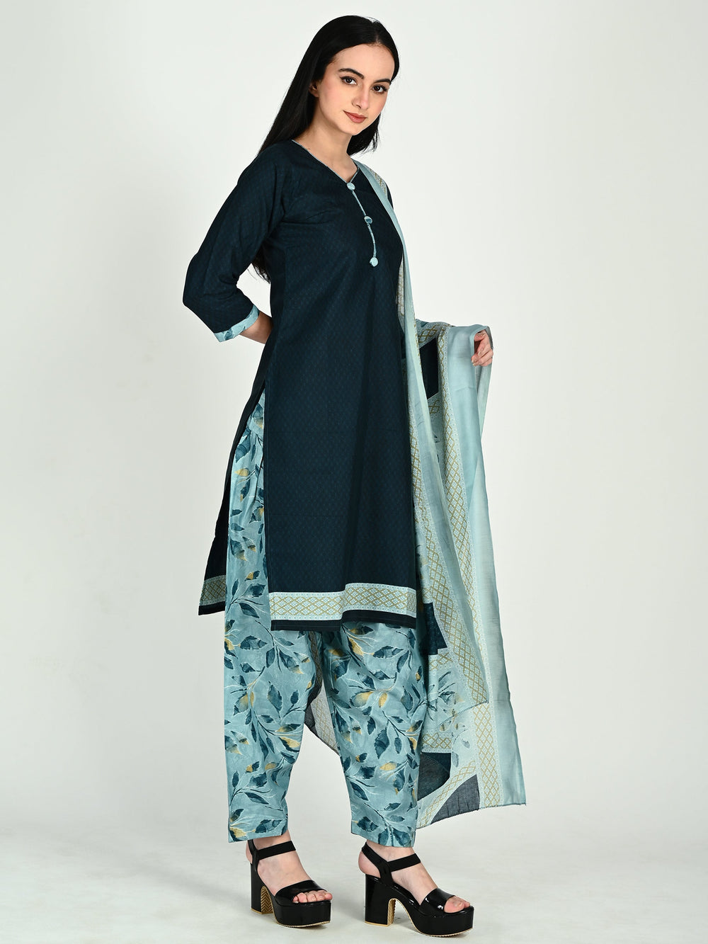 Teal Cotton Blend Printed Ready to Wear Patiala Salwar Suit - 7 sizes