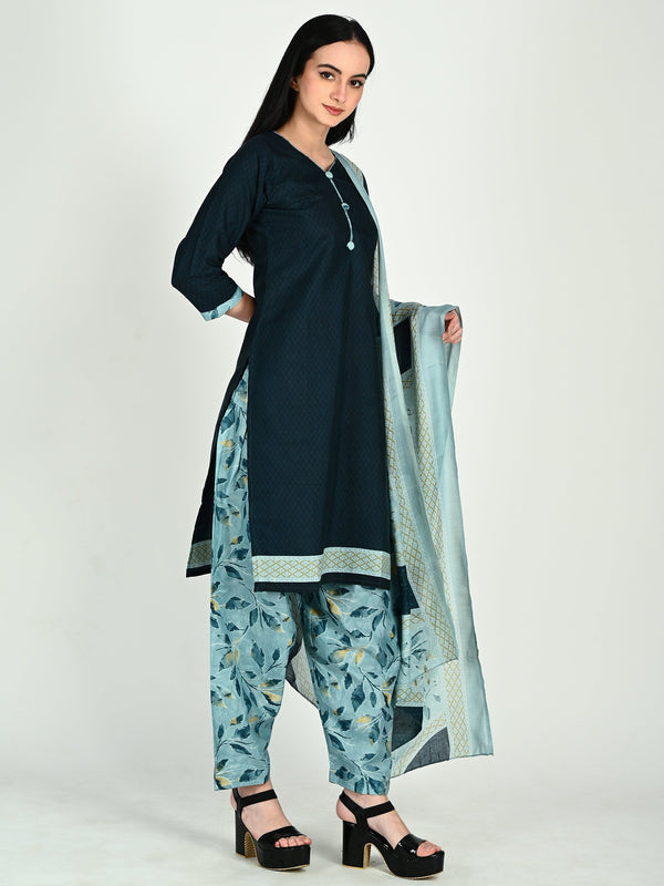 Teal Cotton Blend Printed Ready to Wear Patiala Salwar Suit - 7 sizes - Image 2