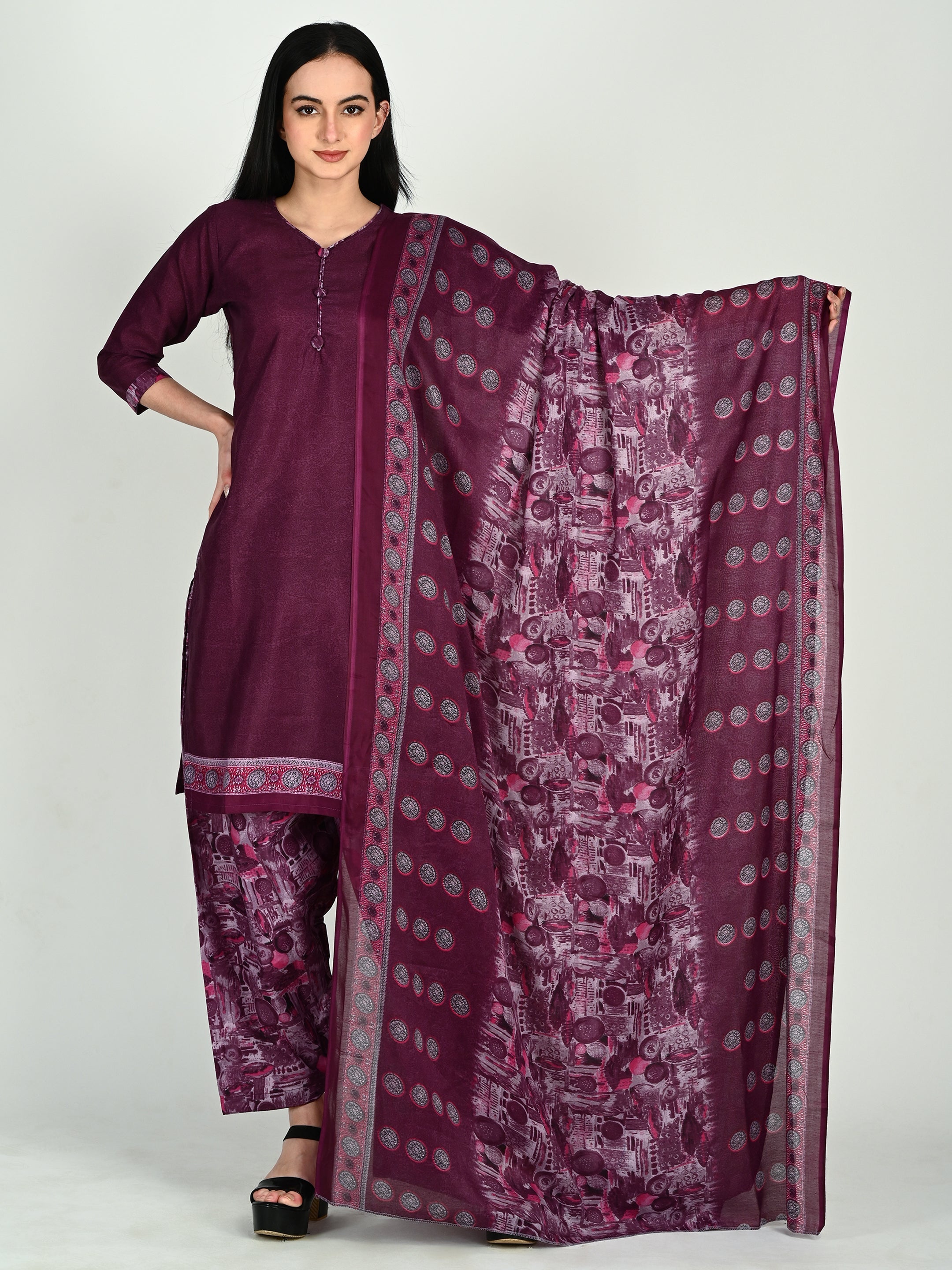 Wine Cotton Blend Printed Ready to Wear Patiala Salwar Suit - 9 sizes