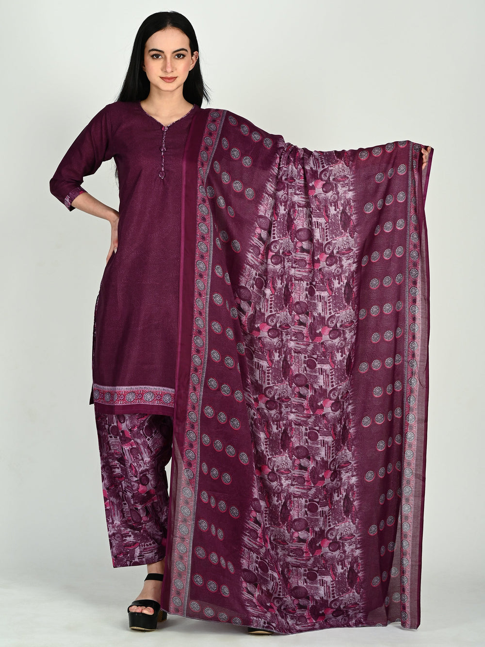 Wine Cotton Blend Printed Ready to Wear Patiala Salwar Suit - 9 sizes