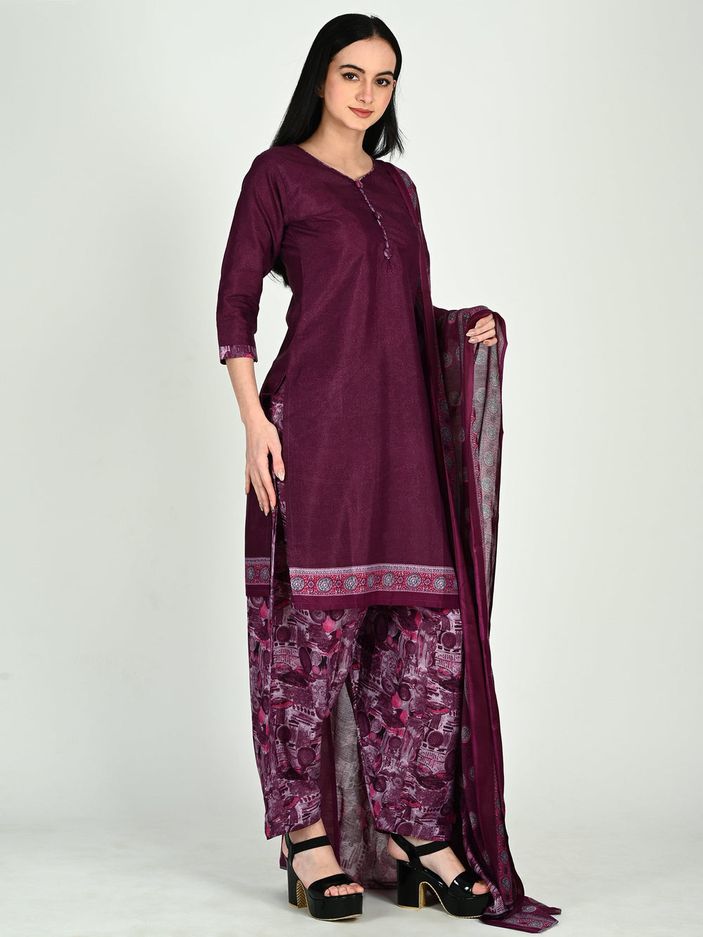 Wine Cotton Blend Printed Ready to Wear Patiala Salwar Suit - 9 sizes