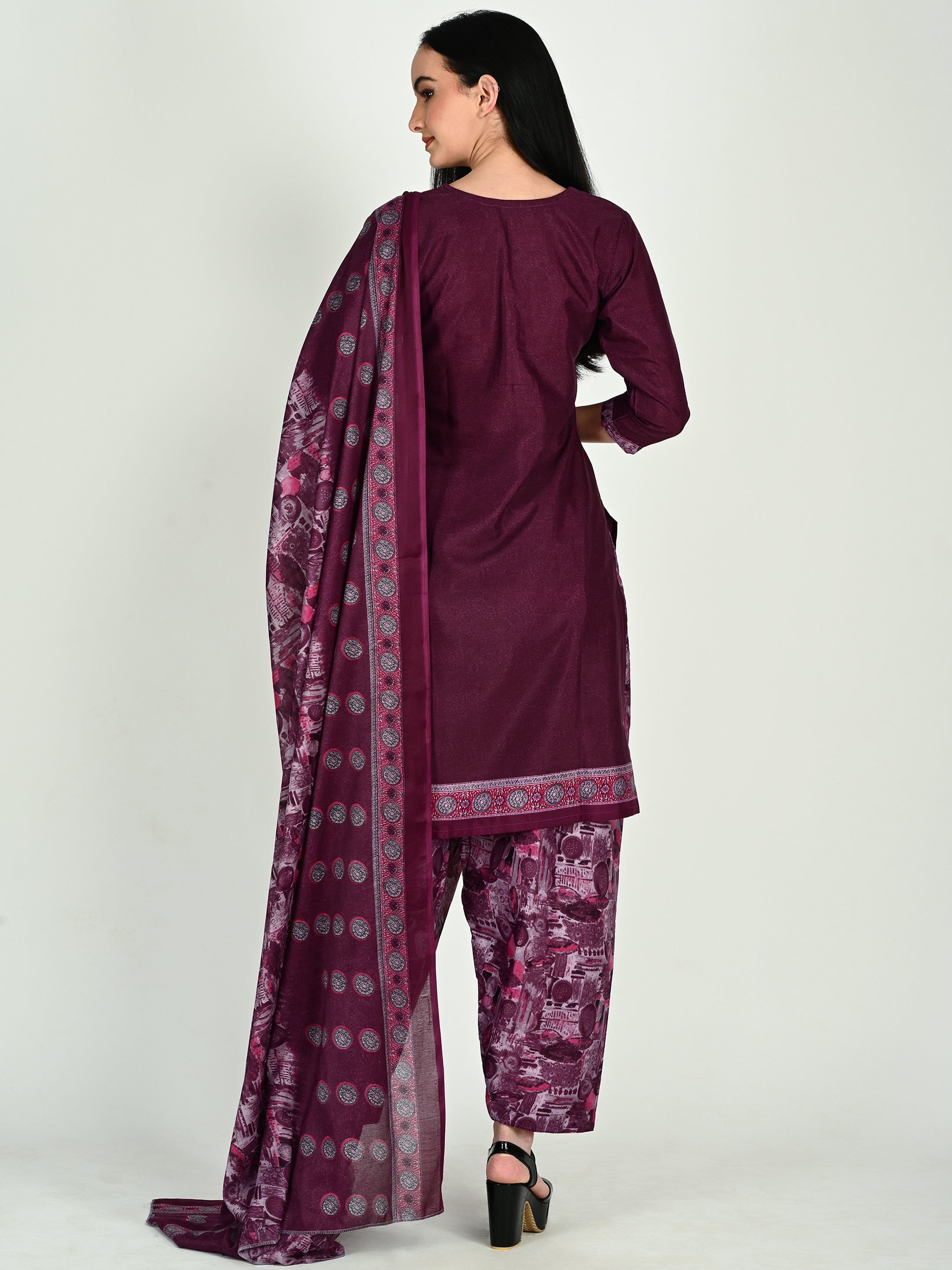 Wine Cotton Blend Printed Ready to Wear Patiala Salwar Suit - 9 sizes