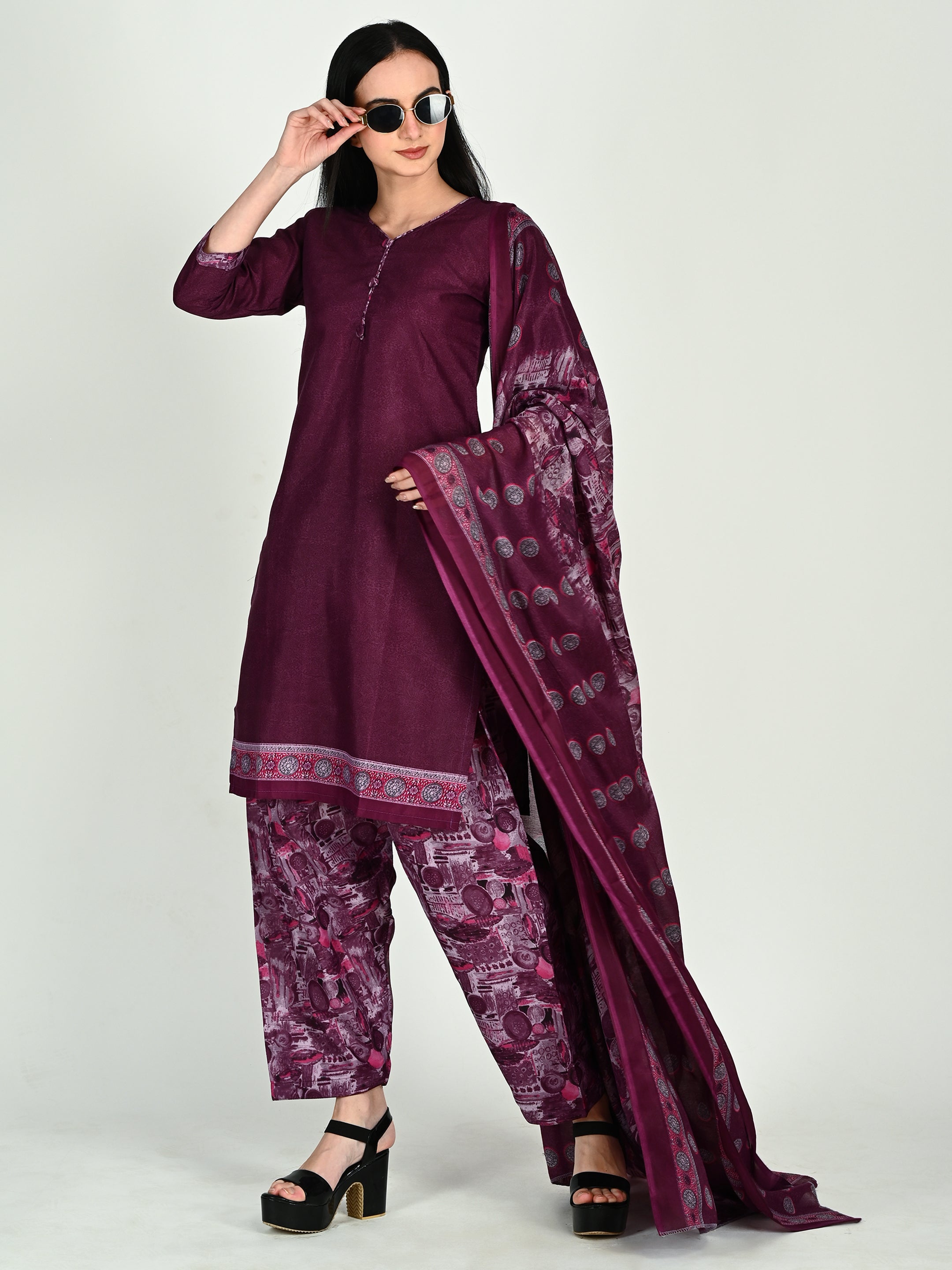 Wine Cotton Blend Printed Ready to Wear Patiala Salwar Suit - 9 sizes