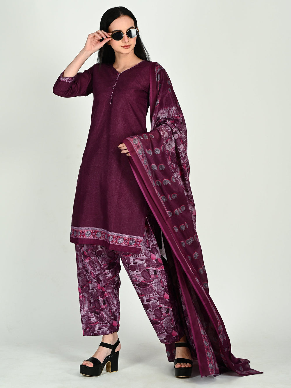 Wine Cotton Blend Printed Ready to Wear Patiala Salwar Suit - 9 sizes