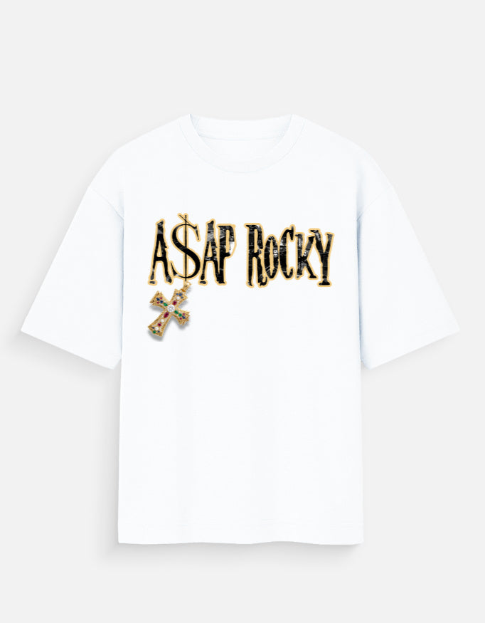 White t-shirt with 'A$AP Rocky' logo on a white background