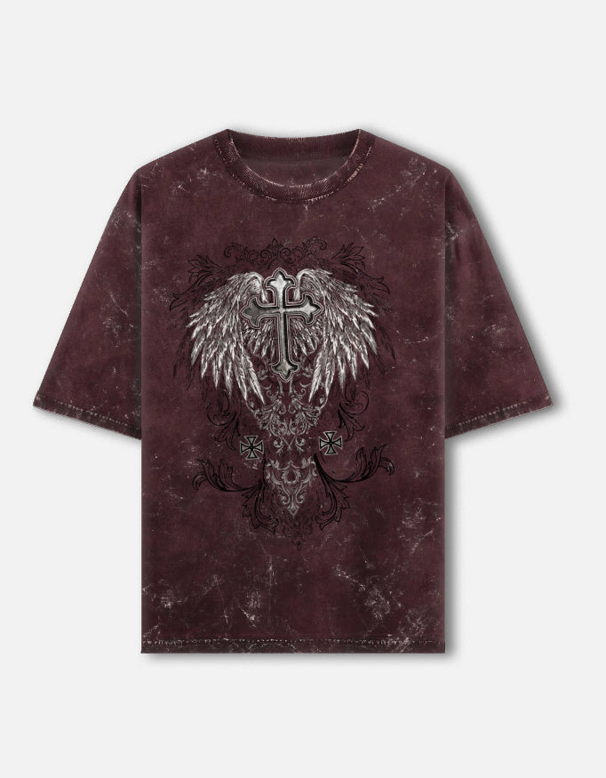 Maroon t-shirt with graphic design on a beige background