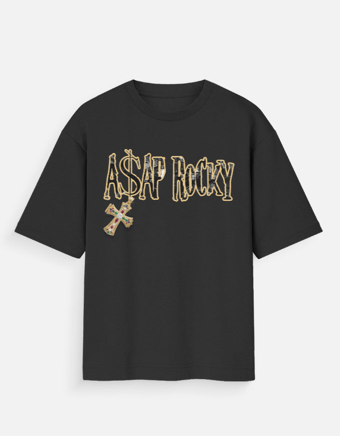 Black t-shirt with 'A$AP Rocky' logo on a white background