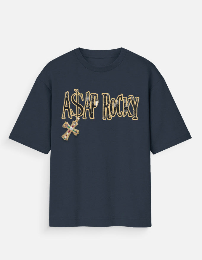 blue t-shirt with 'A$AP Rocky' logo on a white background
