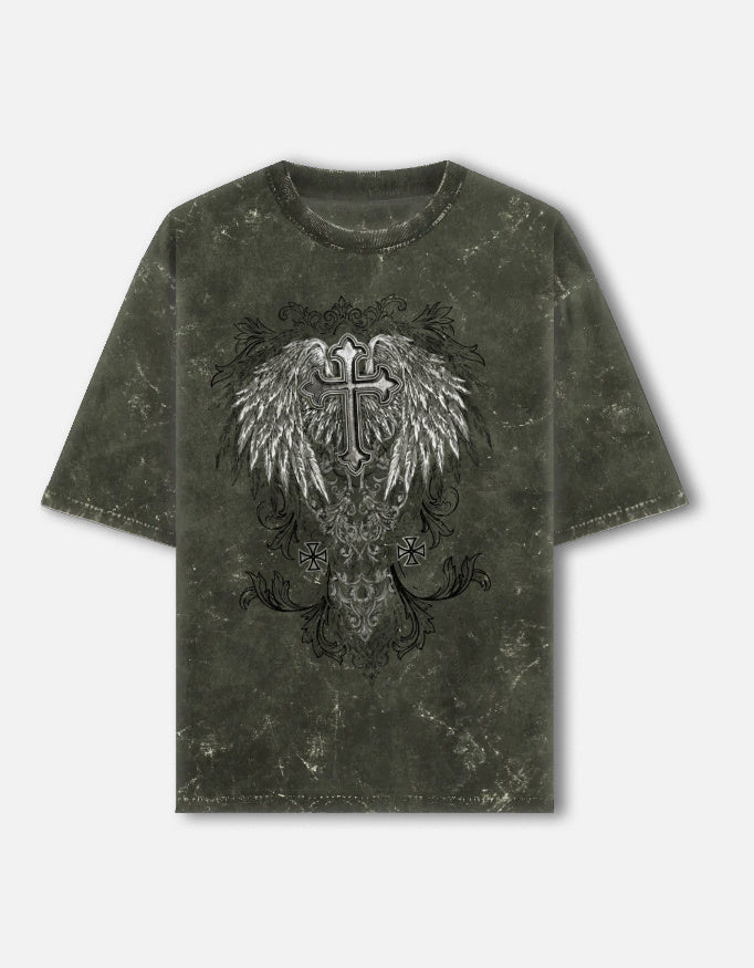 Maroon t-shirt with graphic design on a beige background