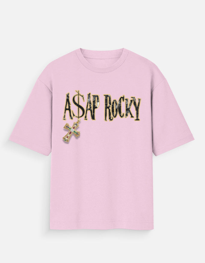 Pink t-shirt with 'A$AP Rocky' text on a white background