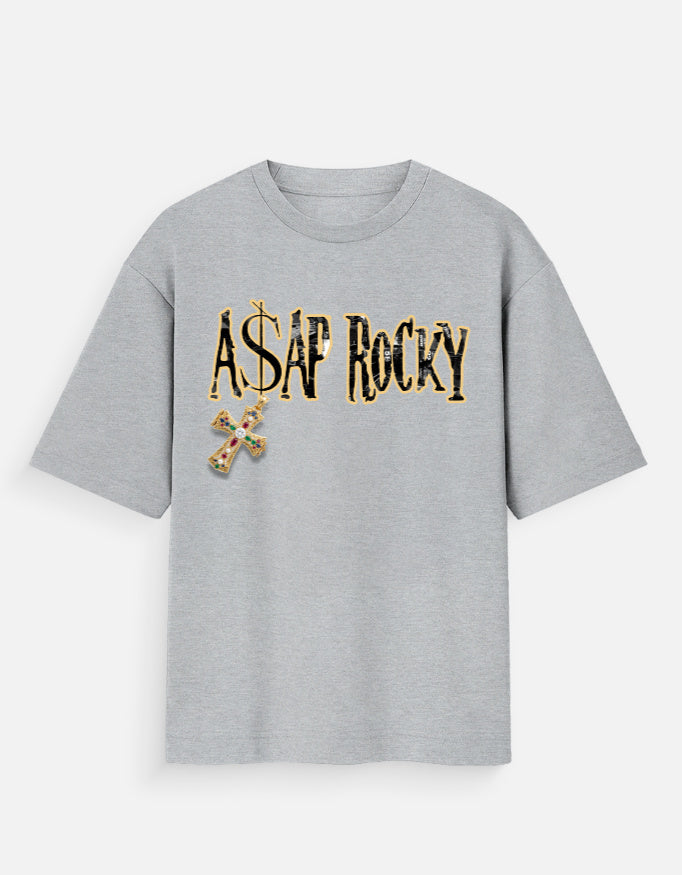 Gray t-shirt with 'A$AP Rocky' text on a white background