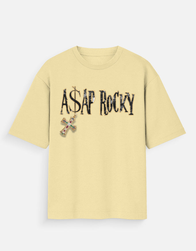 Yellow t-shirt with 'A$AP Rocky' text and logo on a light gray background