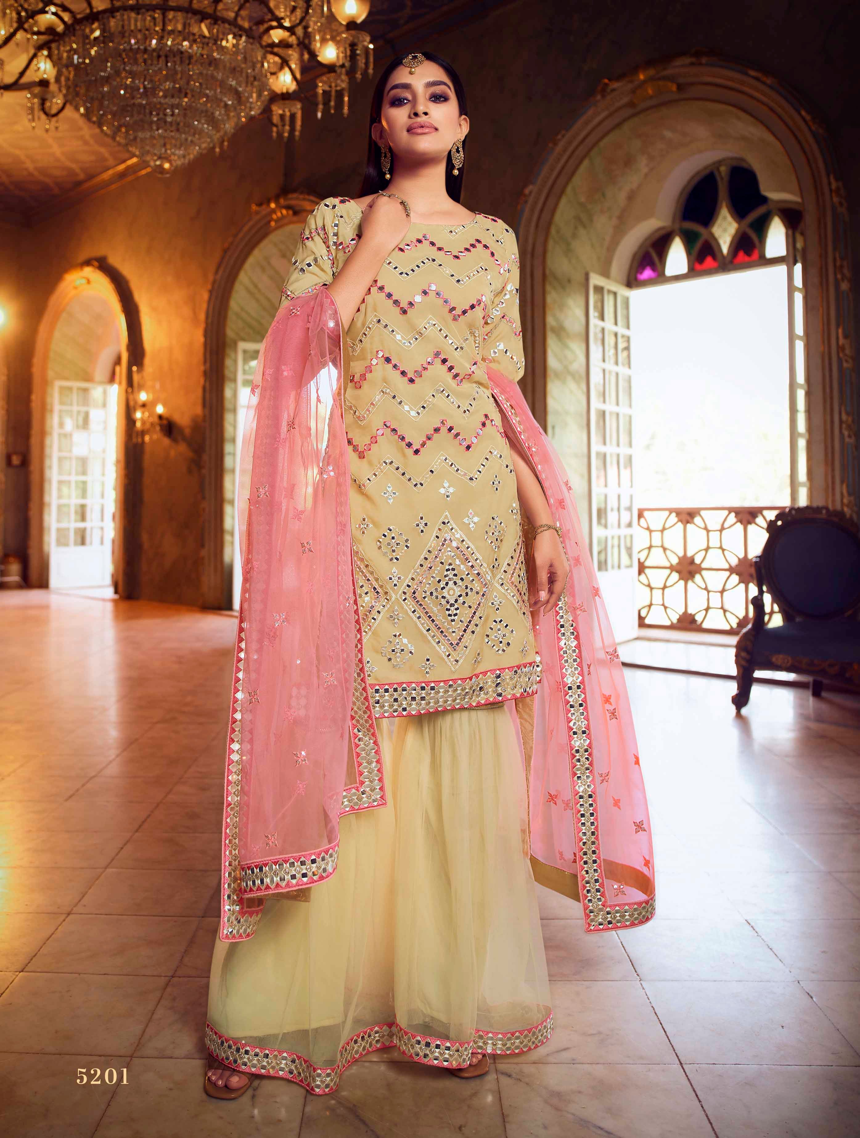 Women's Gold Sharara Suit - Semi Stitched