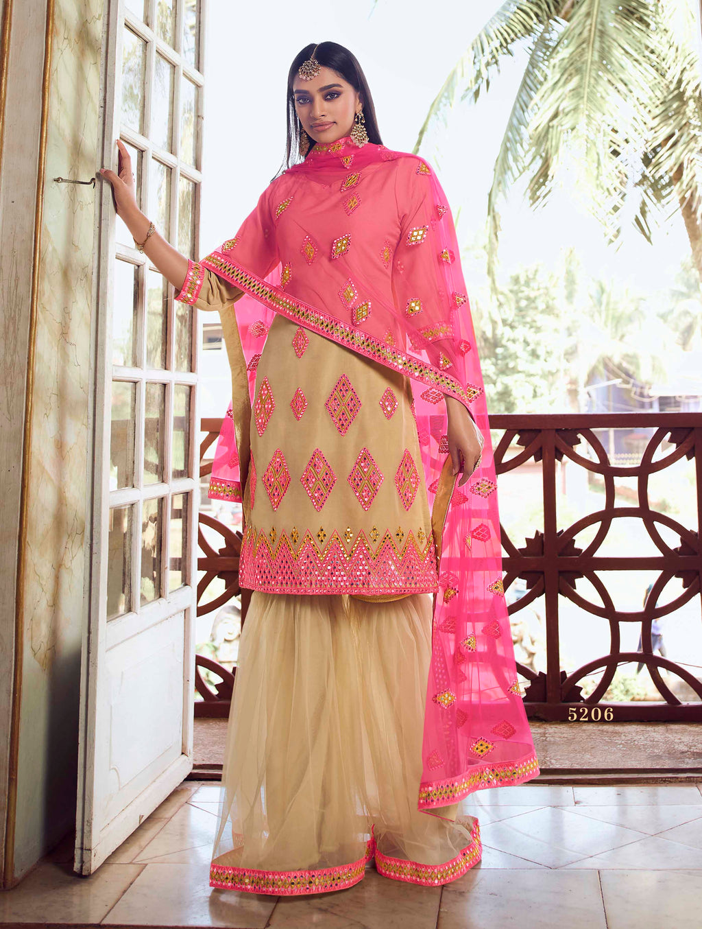 Women's Gold Sharara Suit - Semi Stitched