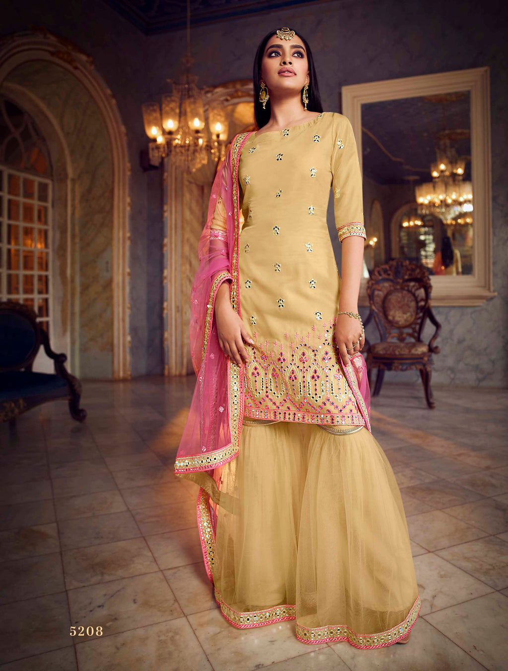 Women's Gold Sharara Suit - Semi Stitched