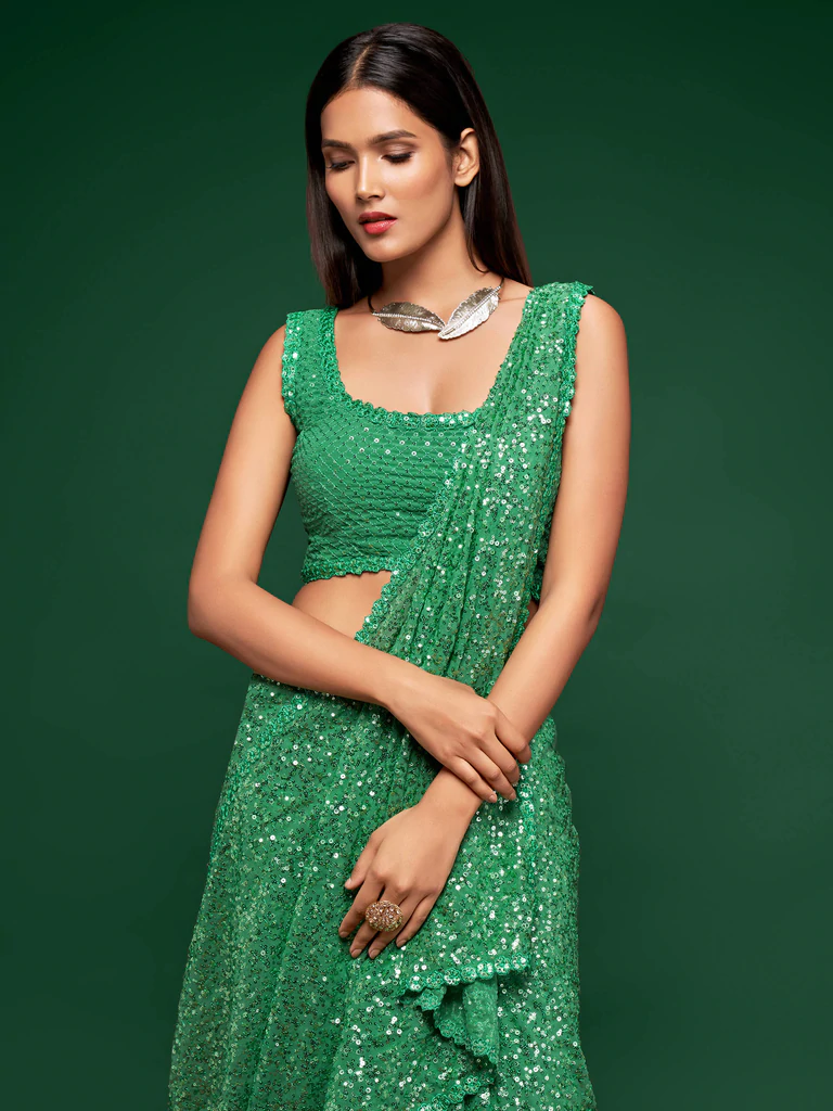 Mint Green Sequence Work Designer Georgette Saree 