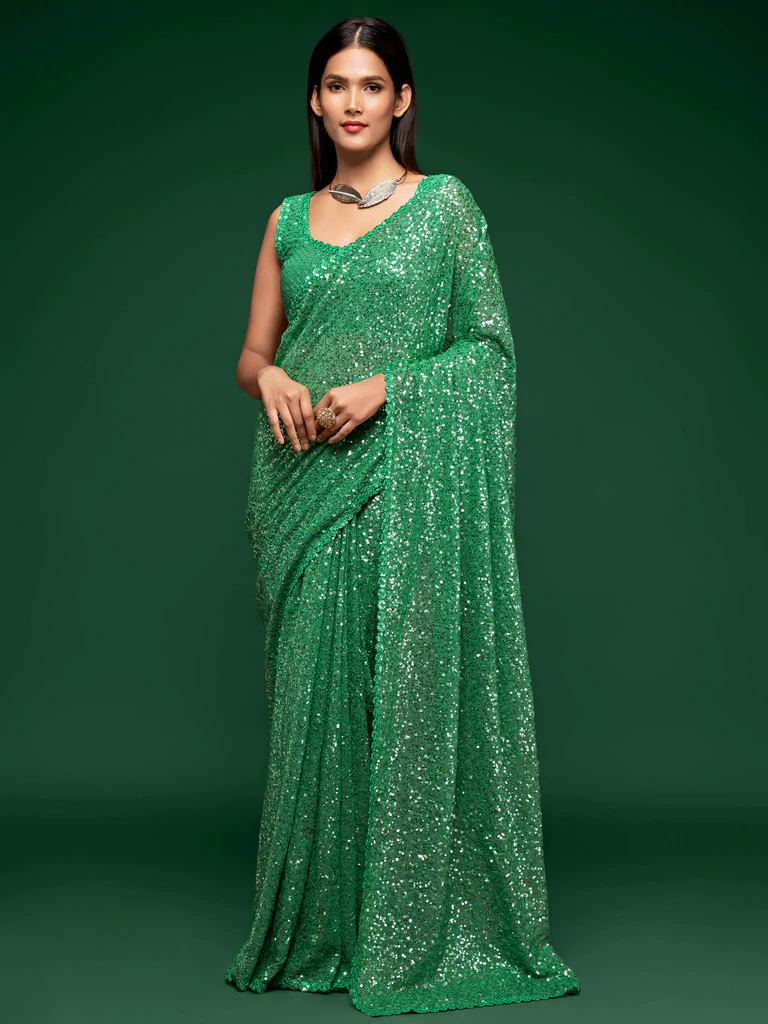 Mint Green Sequence Work Designer Georgette Saree 