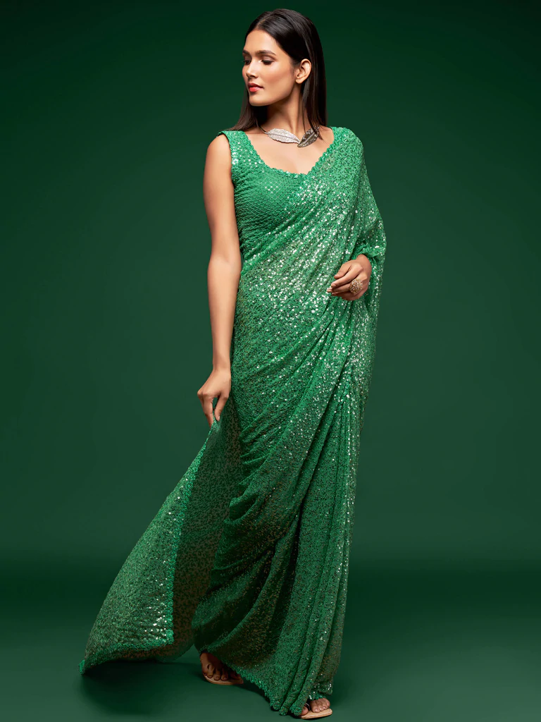 Mint Green Sequence Work Designer Georgette Saree 