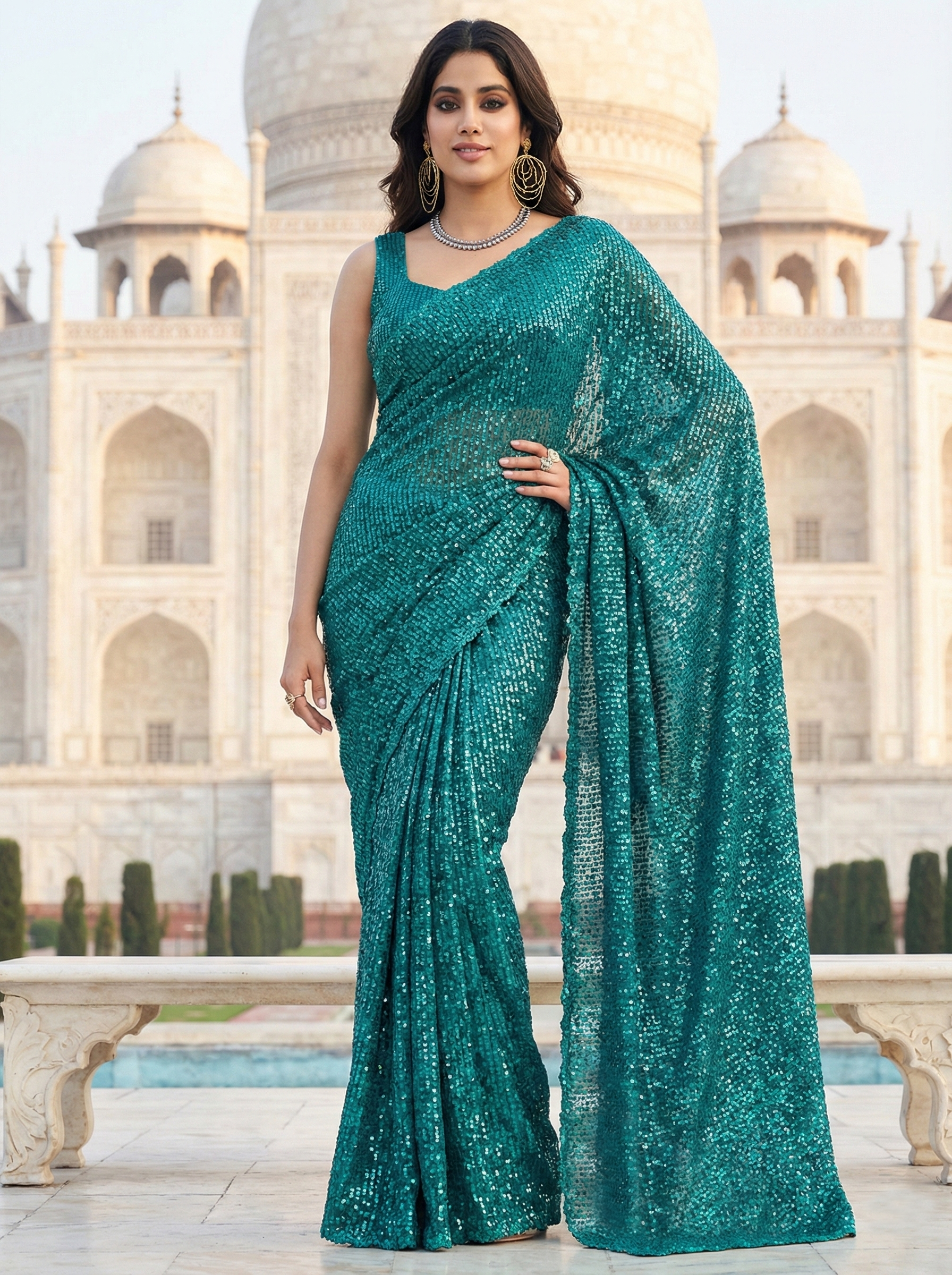 Teal Blue Sequined Georgette Party Wear Saree
